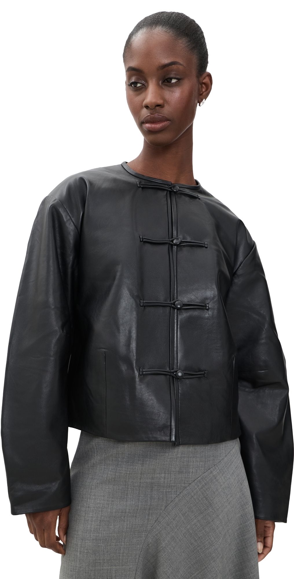 St. Agni Button Detail Cocoon Leather Jacket Black M