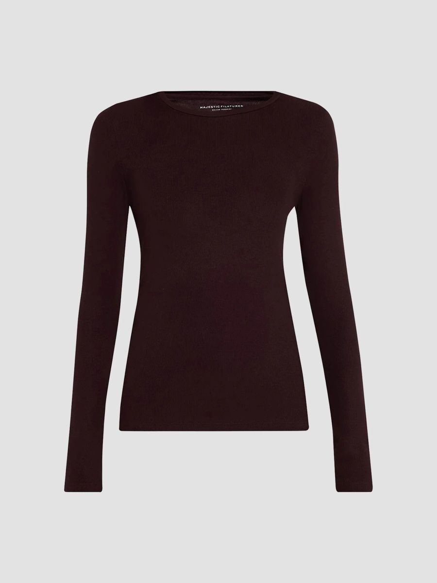 Majestic Filatures Women's Soft Touch Rib-Knit Long-Sleeve Crewneck T-Shirt - Aubergine - Size Large