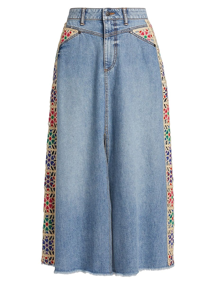 Women's Morgann Floral-Embroidered Cotton Denim Midi-Skirt - Medium Wash - Size 29