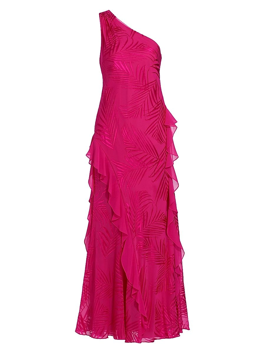 Women's Ryanna Chiffon Devore One-Shoulder Gown - Pink Palm - Size 6