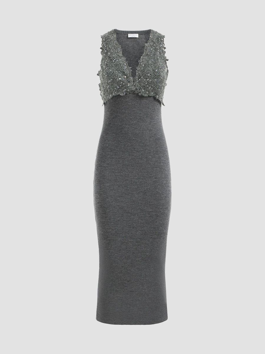 Brunello Cucinelli Women's Ribbed Wool Jersey Dress with Dazzling Lace Embroidery - Lead - Size XS