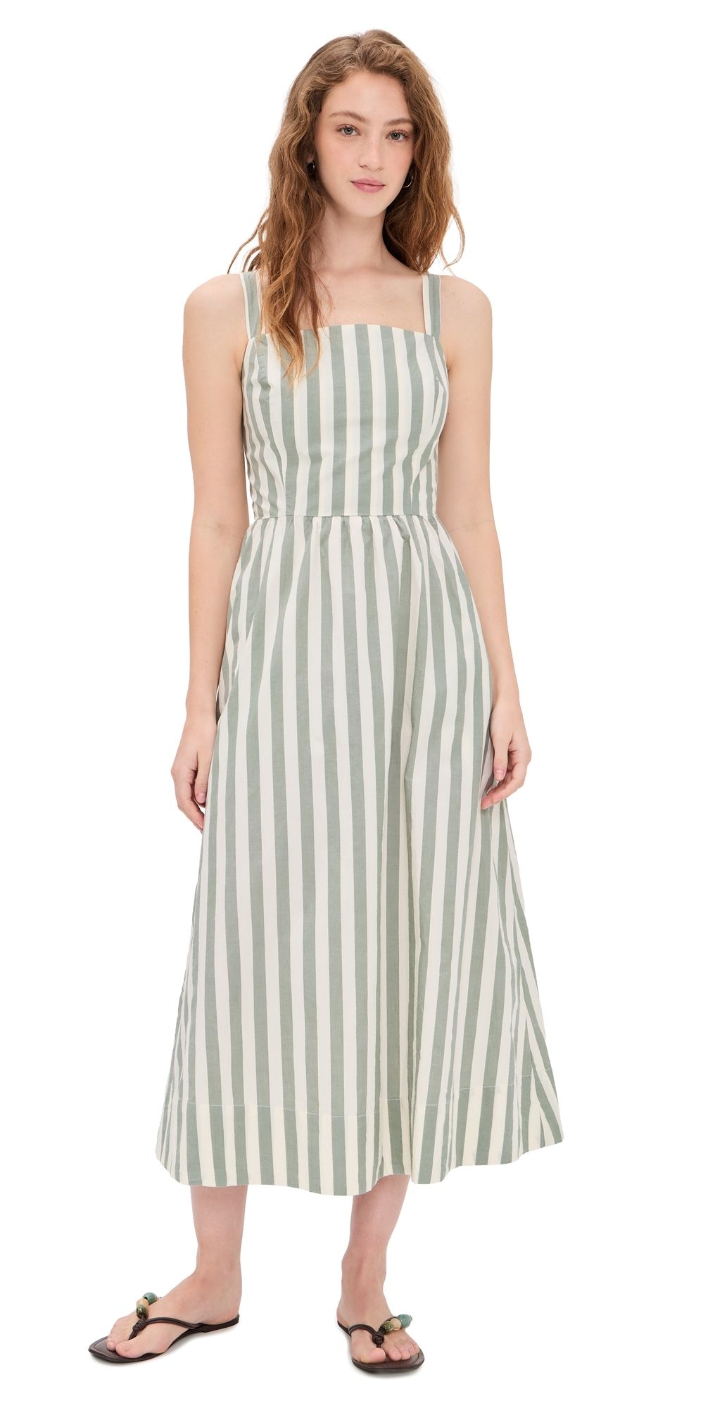 Marine Layer Demi Poplin Midi Dress Olive Stripe XS