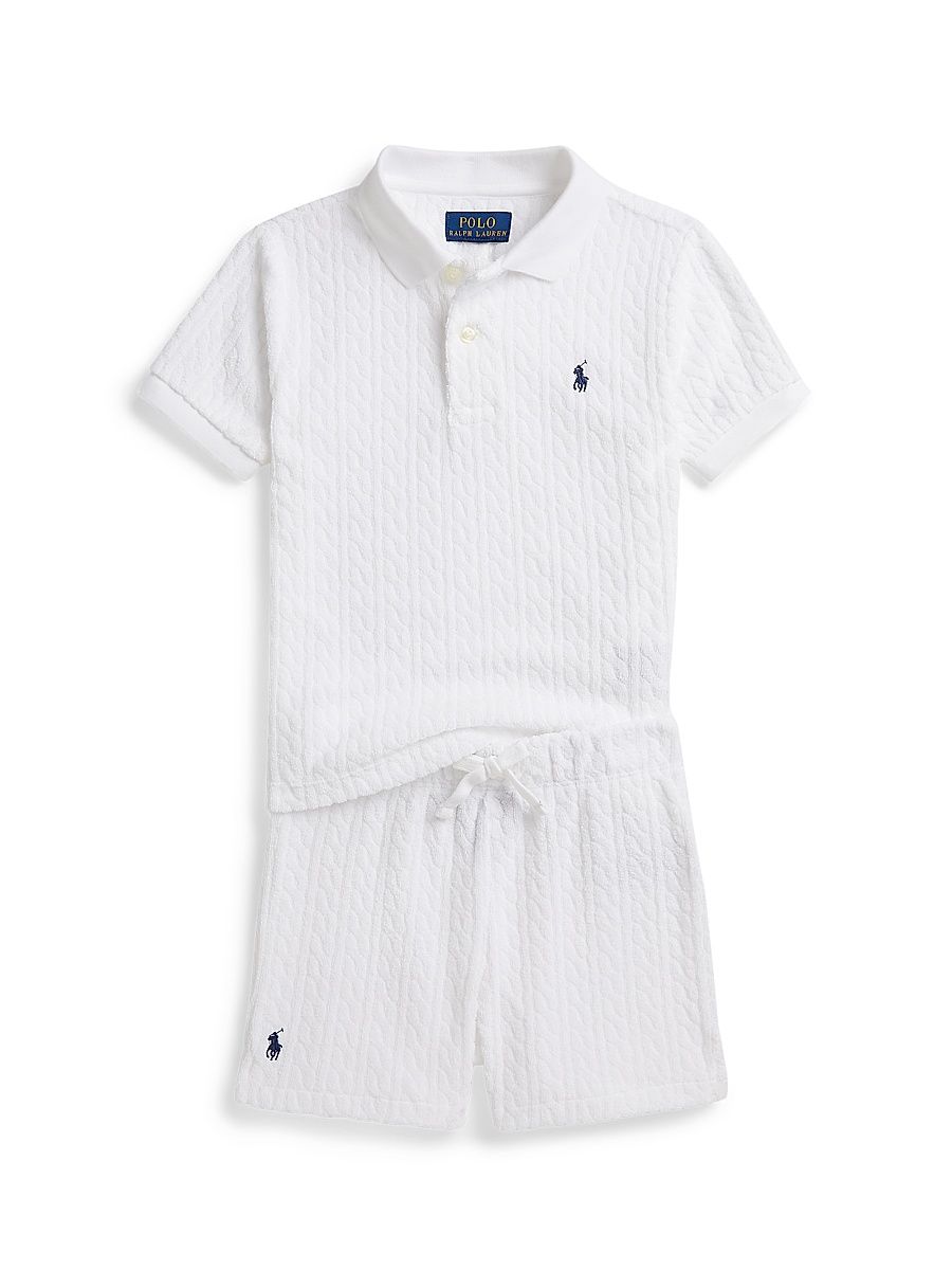 Little Girl's & Girl's Cable Terry Polo Shirt & Shorts Set - White - Size 2
