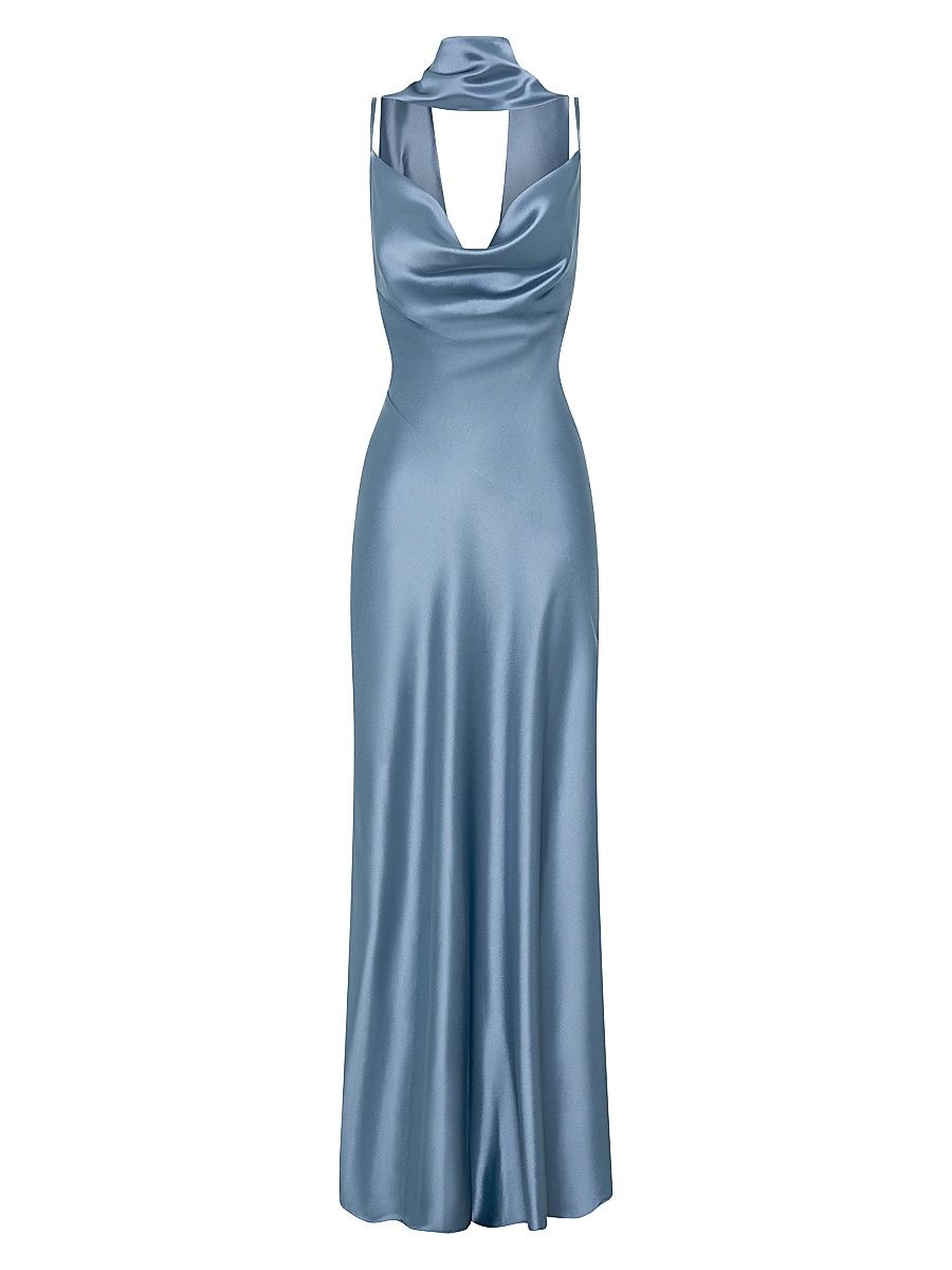 Women's Geneva Satin Cowlneck Column Gown - Blue Smoke - Size 8