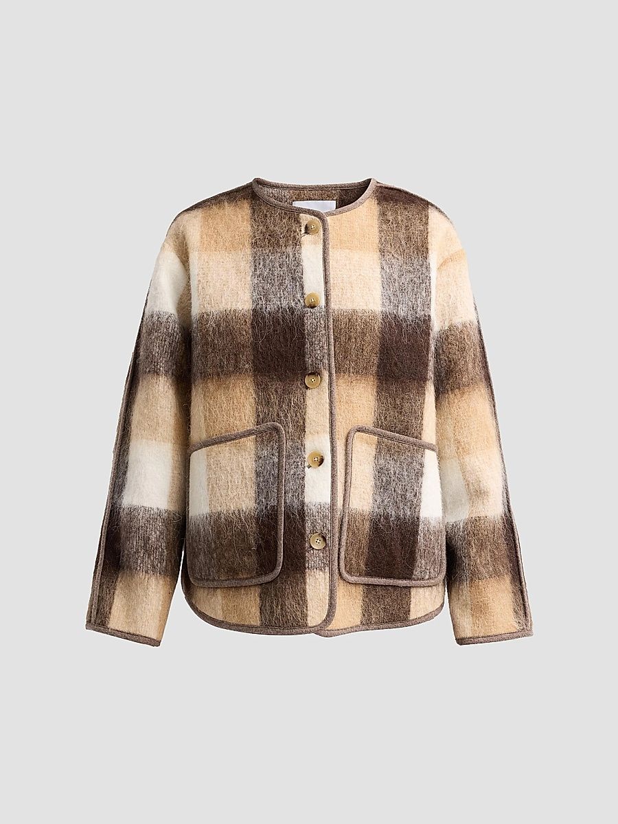 Women's Janet Plaid Wool-Blend Jacket - Milk Camel Multi - Size XL