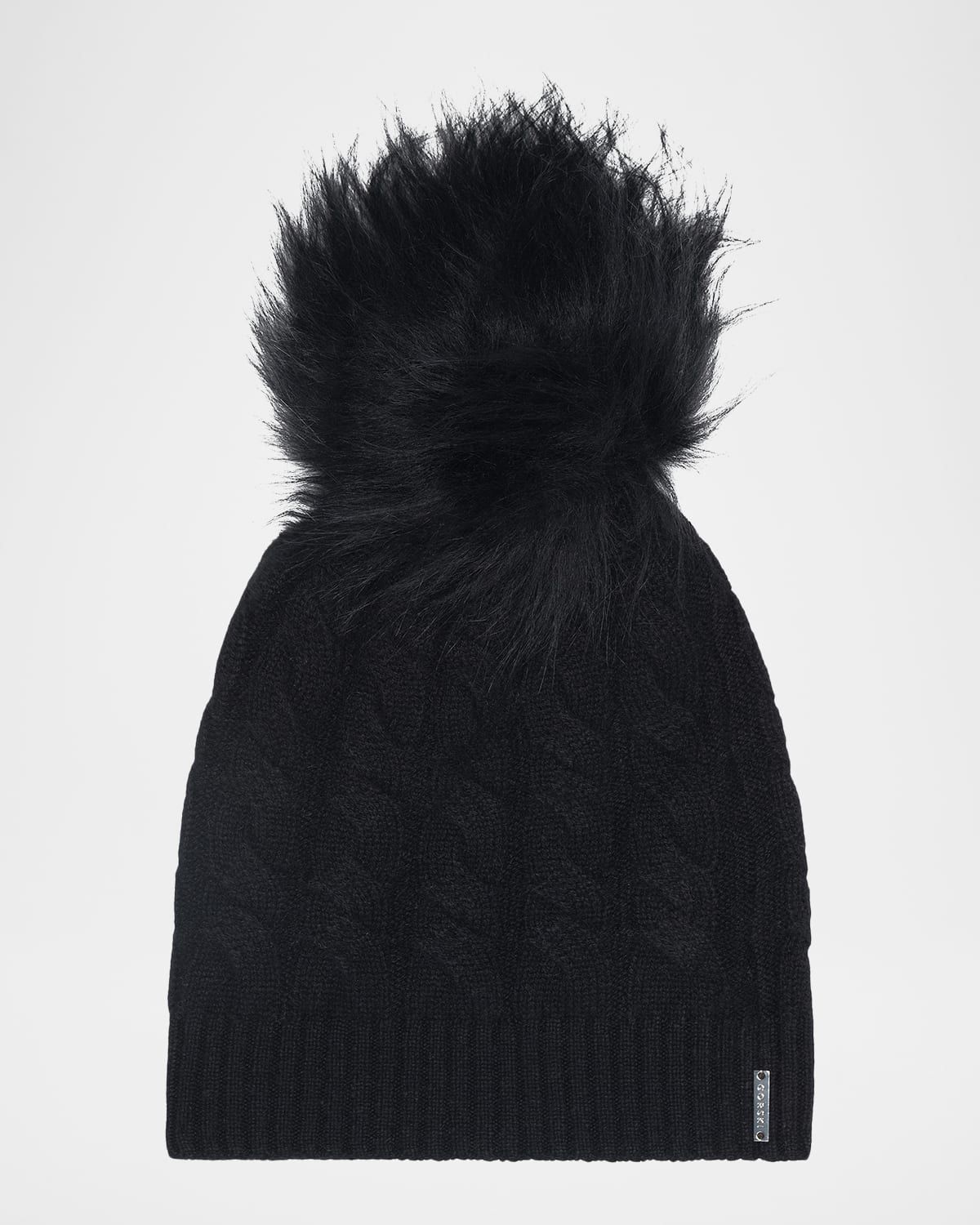 Cashmere Cable-Knit Hat with Shearling Pompom