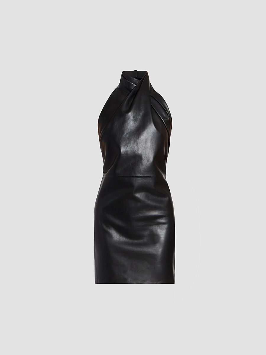Balmain Women's Halterneck Leather Draped Mini Dress - Noir - Size 6