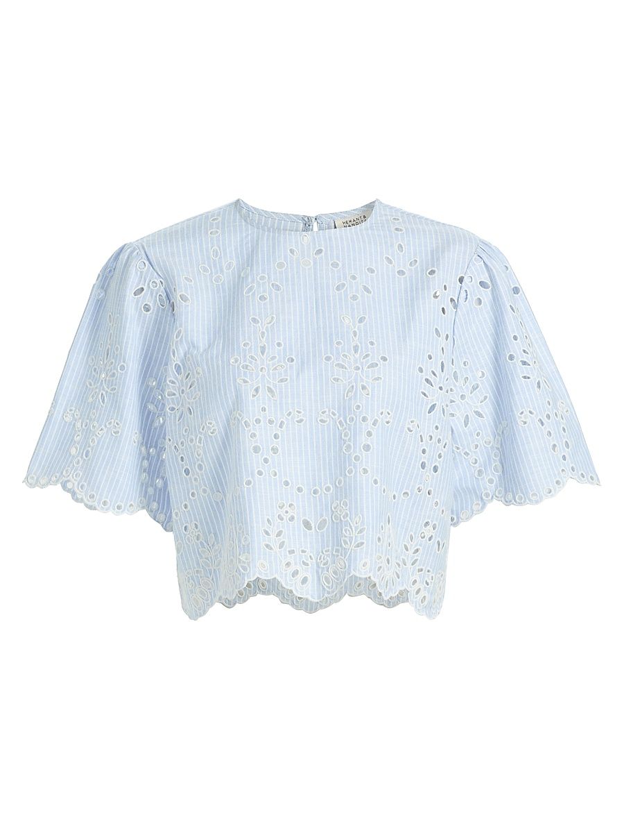 Women's Eyelet Cotton-Blend Top - Stripes - Size Large