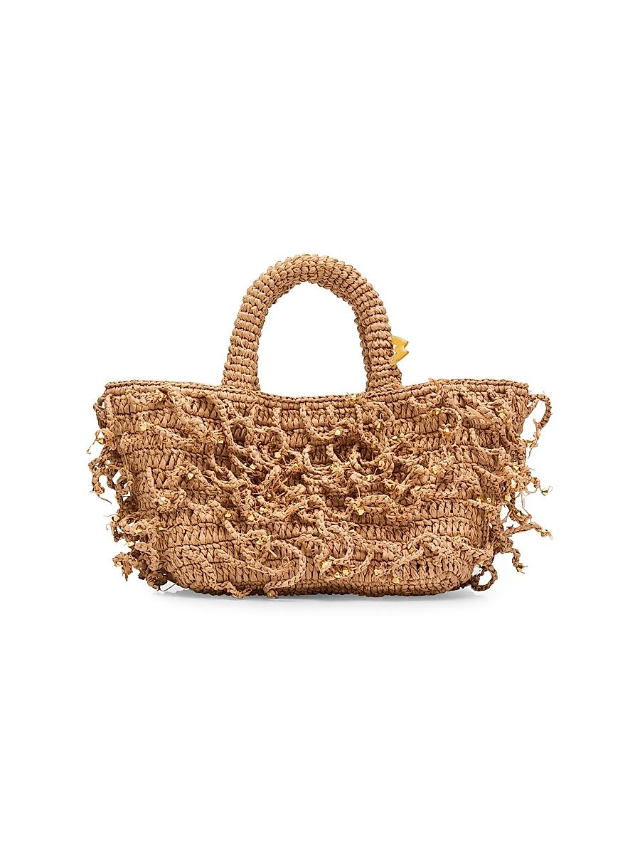 Women's Fanny Fringed Crochet Raffia Top Handle Bag - Beige