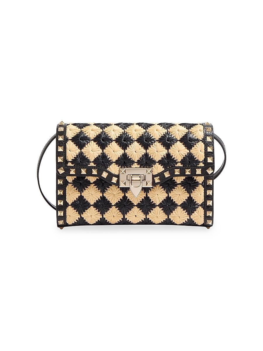 Women's Rockstud Small Shoulder Bag in Embroidered Synthetic Raffia - Natural Black