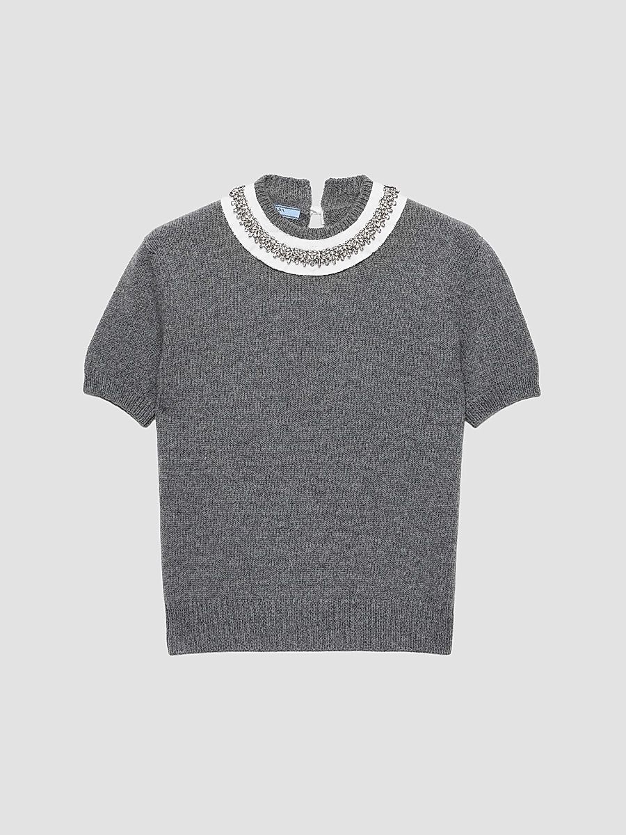 Women's Short-Sleeved Wool and Cashmere Sweater - Grey - Size 0