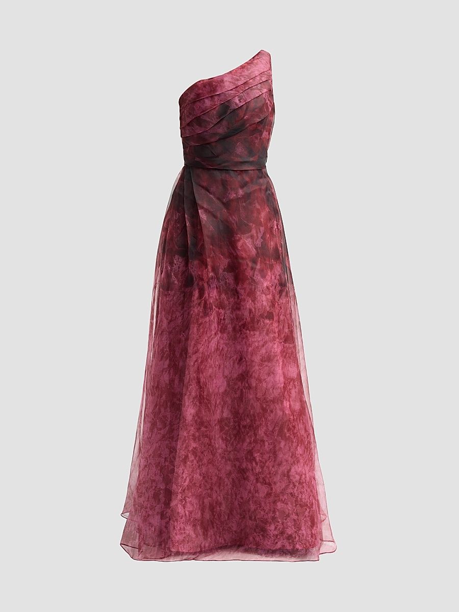 Women's One-Shoulder Floral Organza Gown - Pink Multi - Size 18