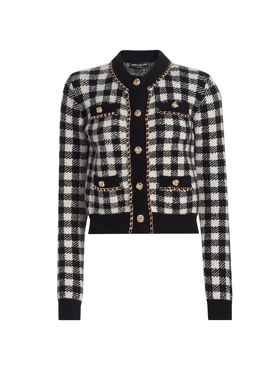 Women's Selma Checked Jacquard Cardigan - Black Ivory - Size XL