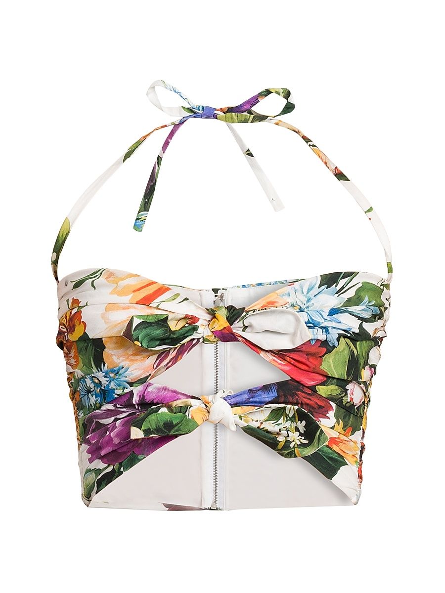 Women's Rafia Fiori Floral Bow Cut-Out Cropped Top - White Print Flower - Size 4