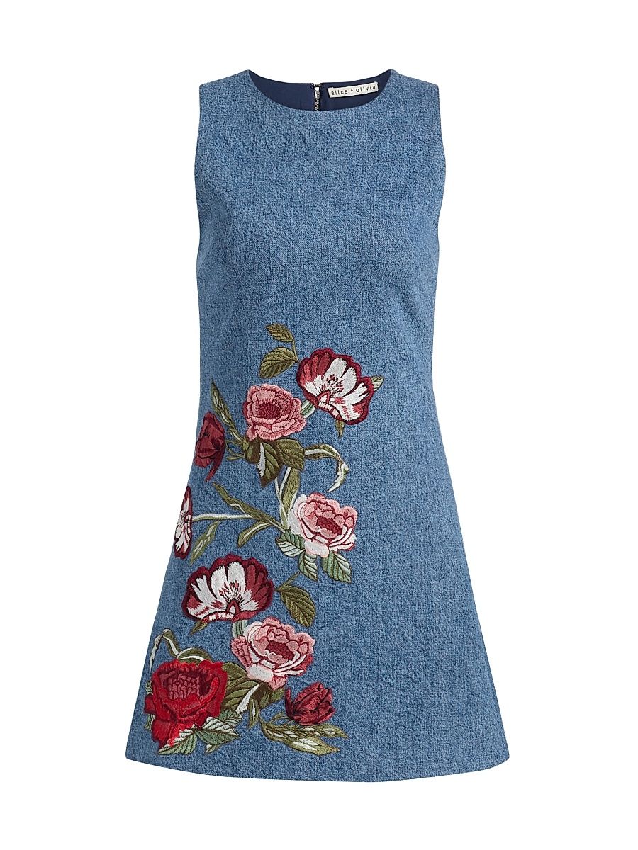 Women's Cade Denim Floral Embroidered Minidress - Brooklyn Blue Multi - Size 12
