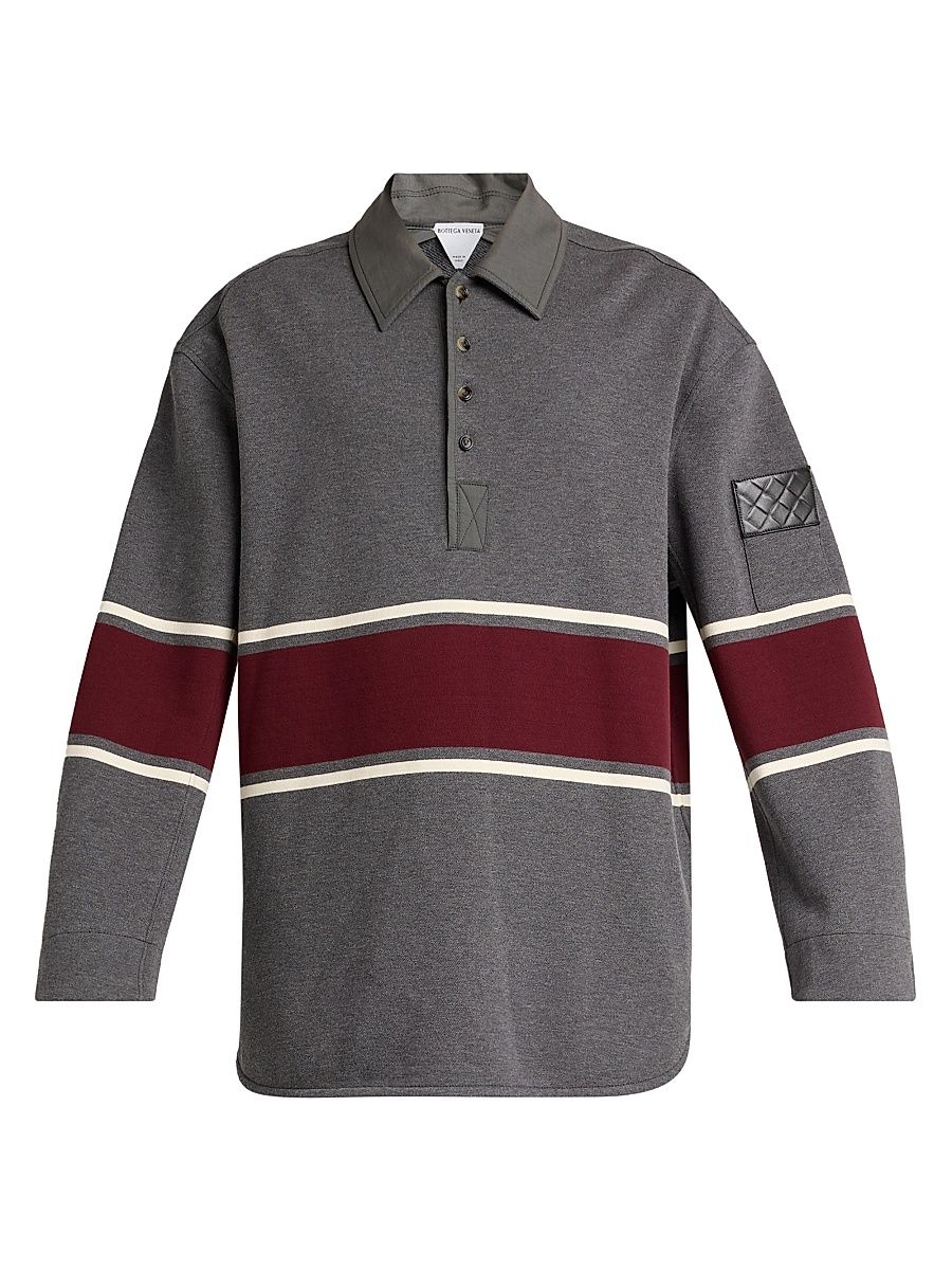 Men's Striped Cotton Fleece Polo Shirt - Grey Beige Barolo - Size Large