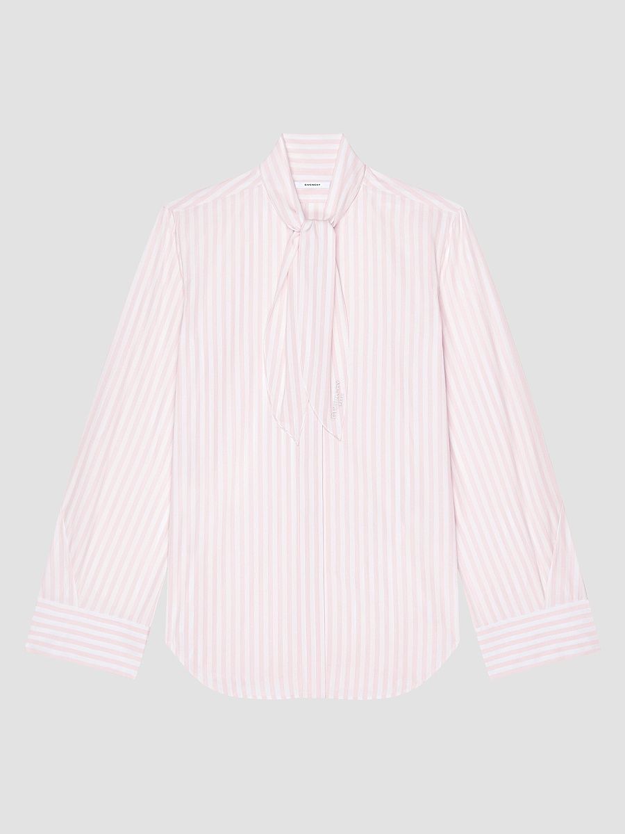 Givenchy Women's Cocoon Striped Shirt in Poplin with Bow - White Pink - Size 12