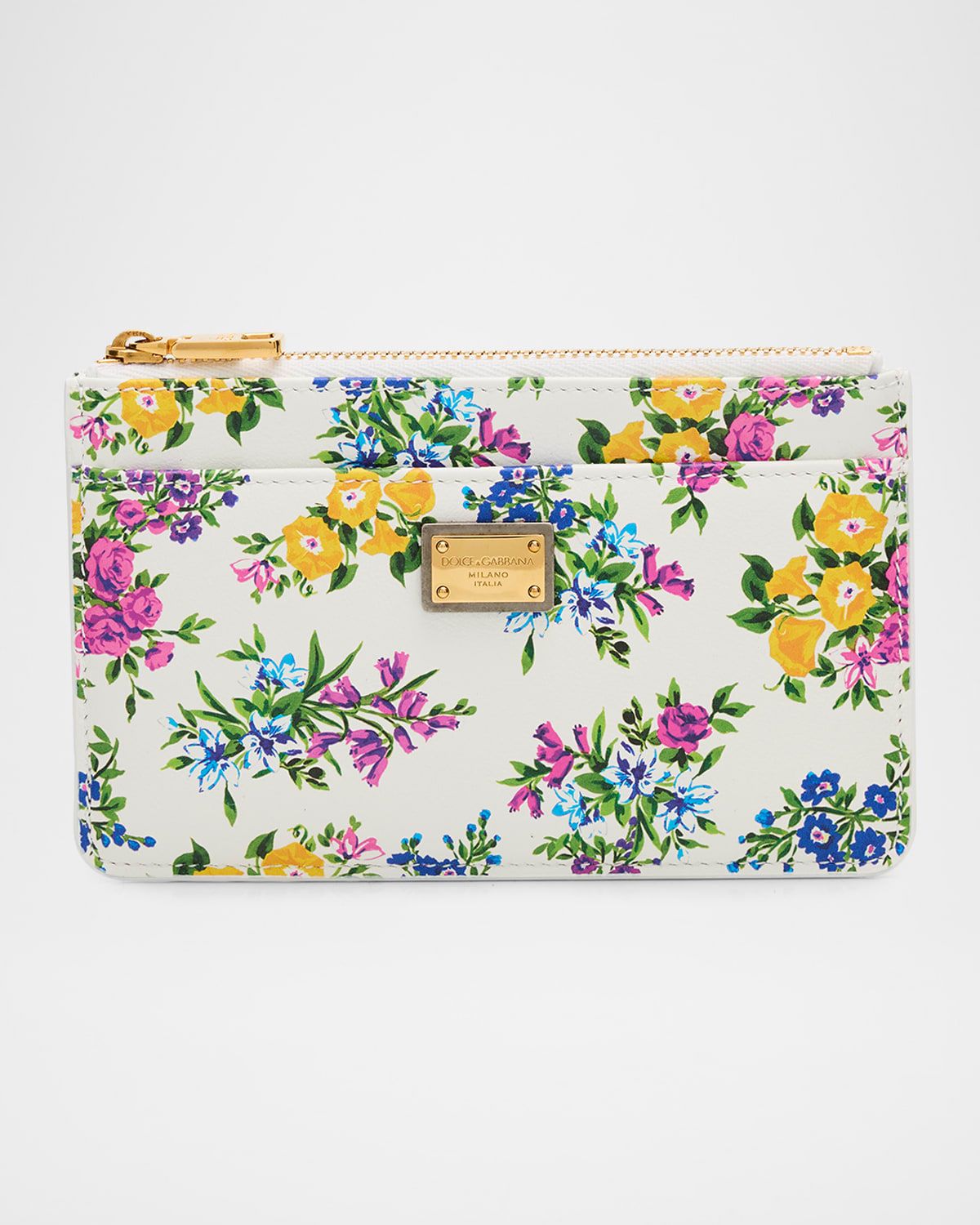 Floral-Print Leather Zip Card Holder