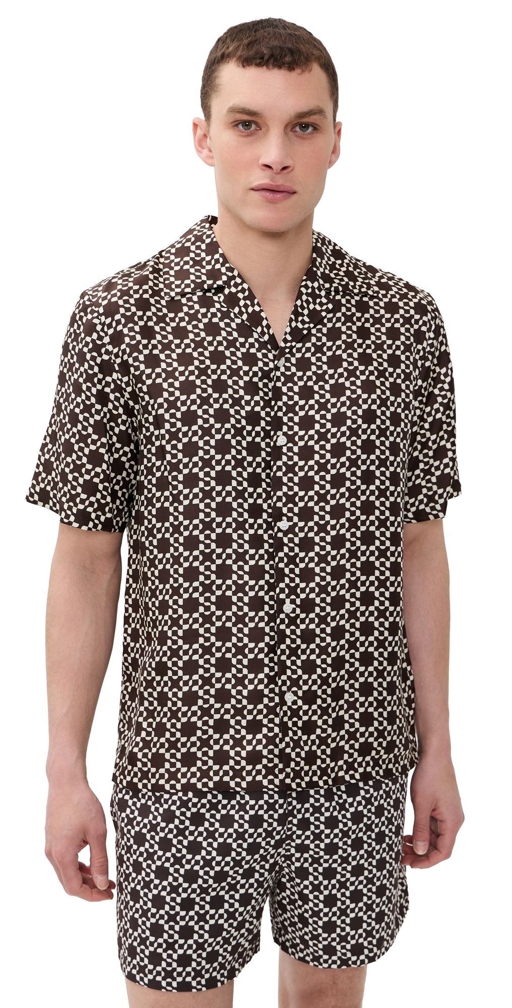 SIMKHAI Casper Printed Silk Shirt Chocolate Ivory XL