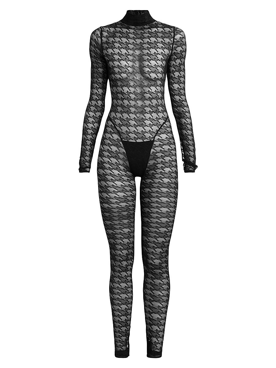 Women's Houndstooth Sheer Jumpsuit - Black - Size Large