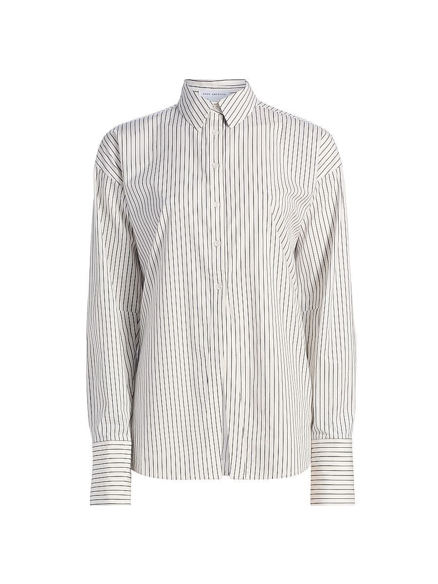 Women's Striped Poplin Tie Back Shirt - Black White Pinstripe - Size XS