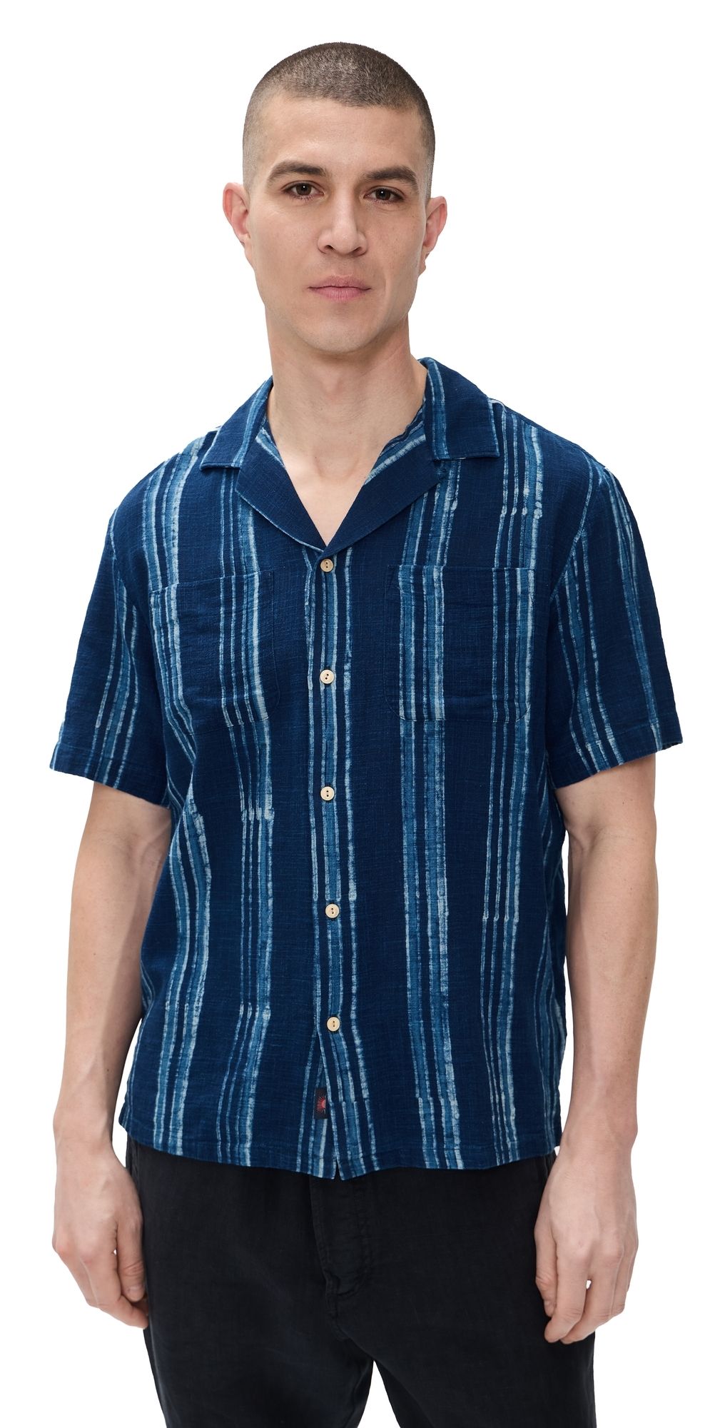 Faherty Short Sleeve Indigo Camp Shirt Northern Blue Indigo Stripe L
