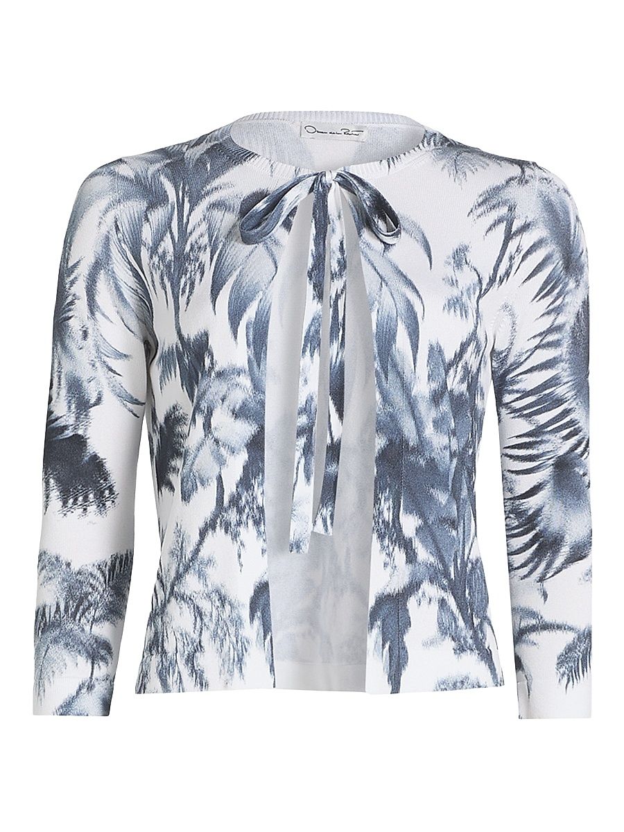 Women's Palm Tree Cotton-Blend Tieneck Cardigan - Navy White - Size XS
