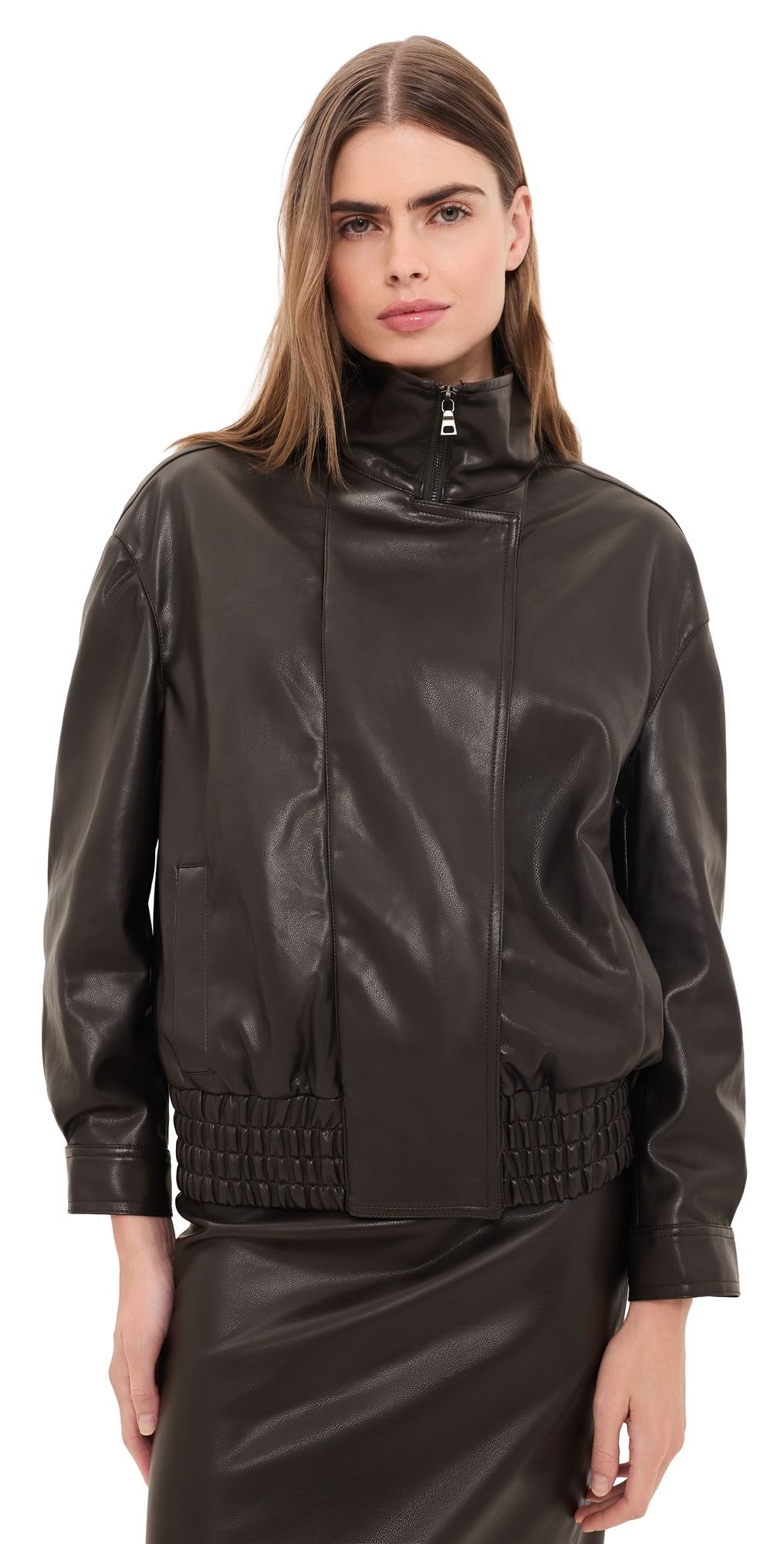 Enza Costa Oversized Faux Leather Bomber Jacket Coffee 2