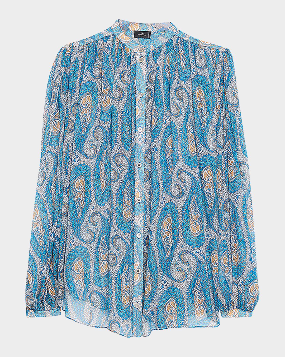 Pleated Paisley Silk Button-Down Blouse