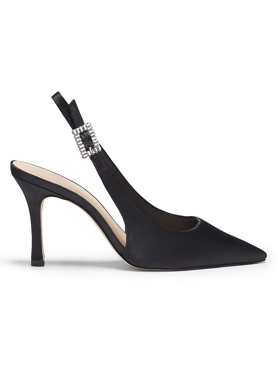 Women's Crystal Buckle 90MM Satin Slingback Pumps - Black - Size 12