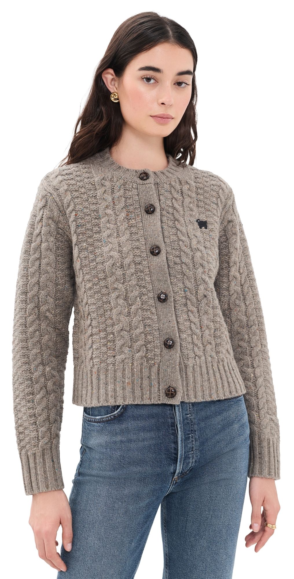 Rowing Blazers Sheep Donegal Chunky Cable Cardigan Beige M