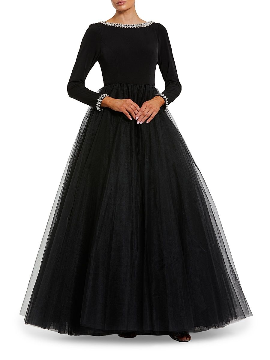Women's Crystal-Embellished Tulle Gown - Black - Size 18