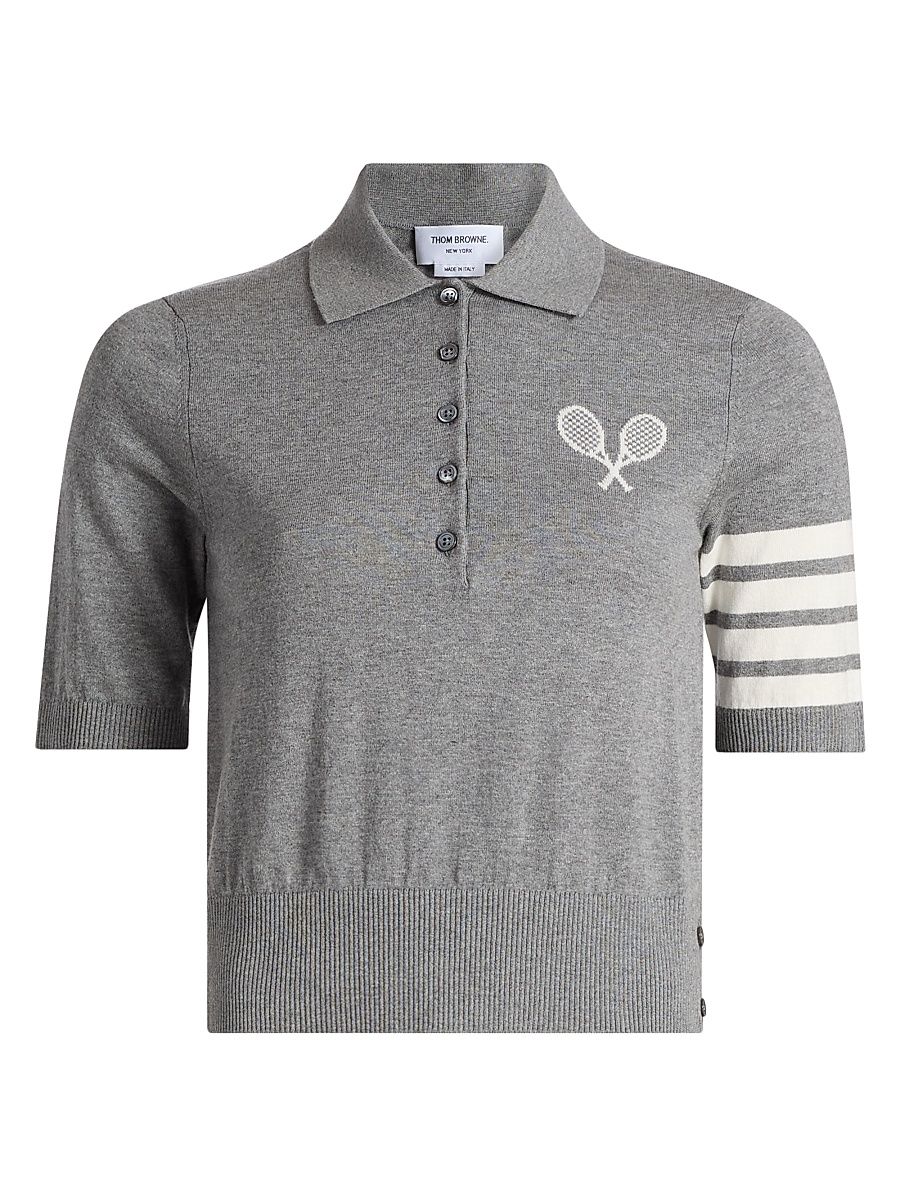 Women's Tennis-Racquet Cotton Polo Shirt - Light Grey - Size 10