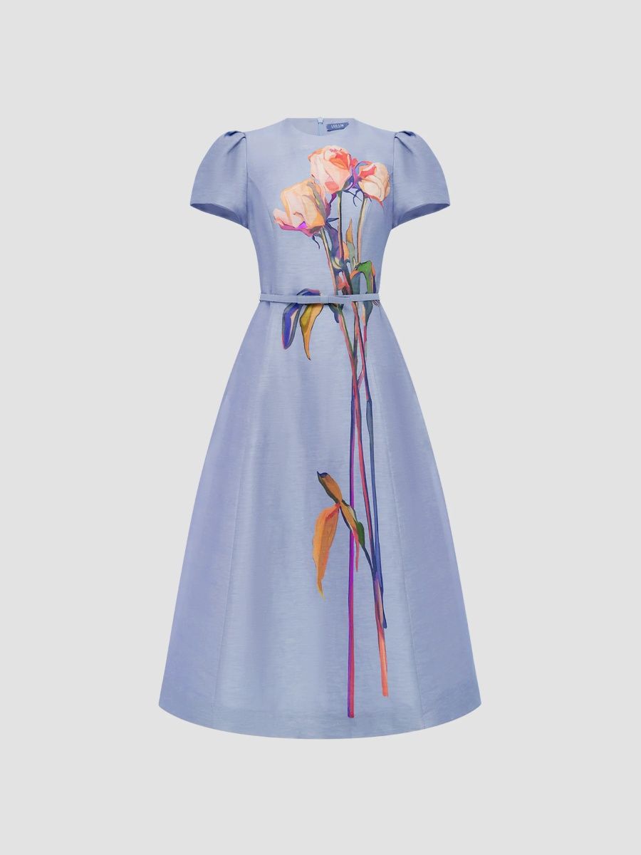 Women's Sojourn Marguerite Floral Linen-Silk A-Line Midi Dress - Rose In Periwinkle - Size 14