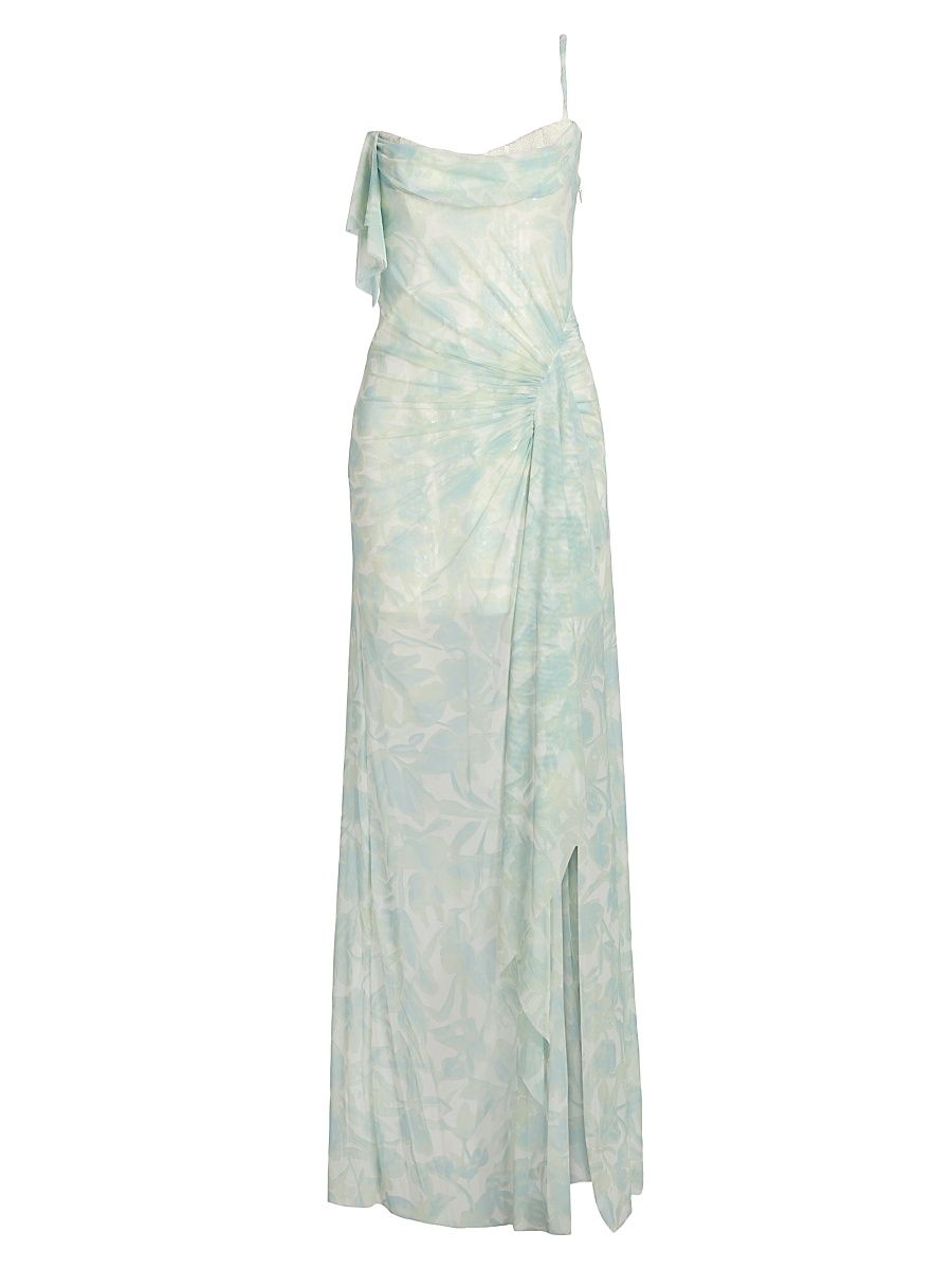 Women's Mesh Sequin One-Shoulder Floral Gown - Sky Floral Print - Size 14