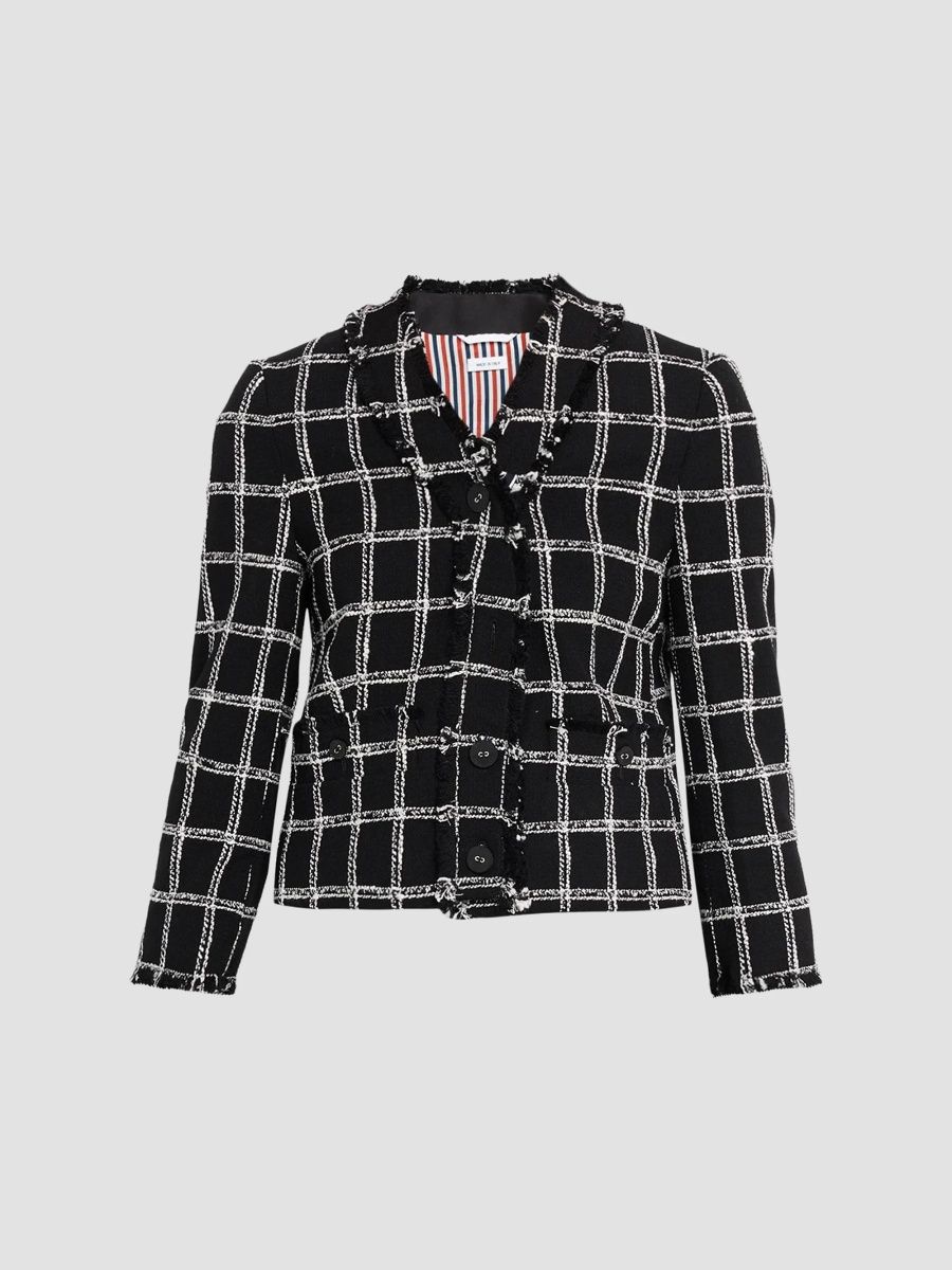 Thom Browne Women's Windowpane Houndstooth Tweed Cardigan Jacket - Black - Size 10