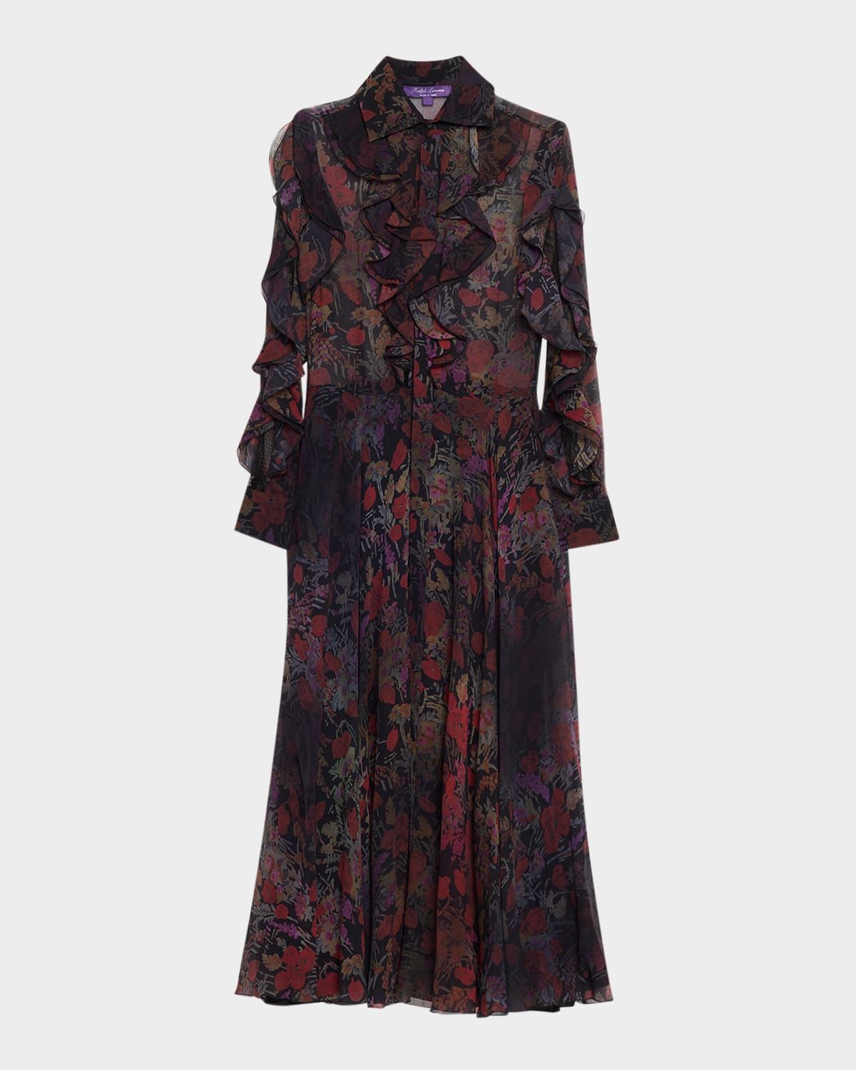 Mesh-Inset Ruffle Chiffon Long-Sleeve Maxi Shirtdress