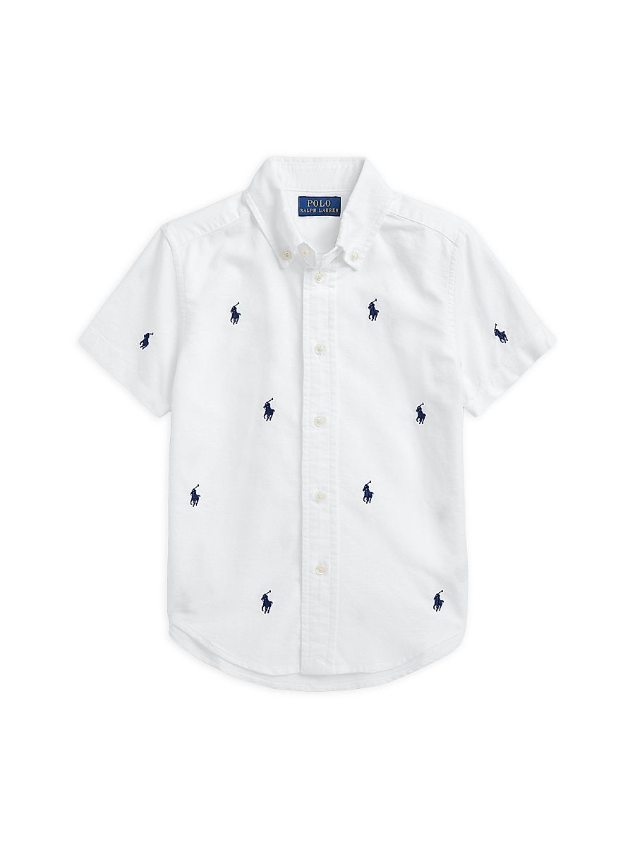 Little Boy's & Boy's Logo Embroidered Oxford Short-Sleeve Shirt - White Navy - Size 16