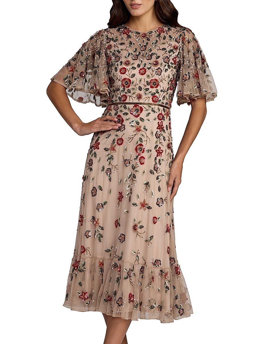 Women's Floral Beaded Mesh Midi-Dress - Antique Rose - Size 18