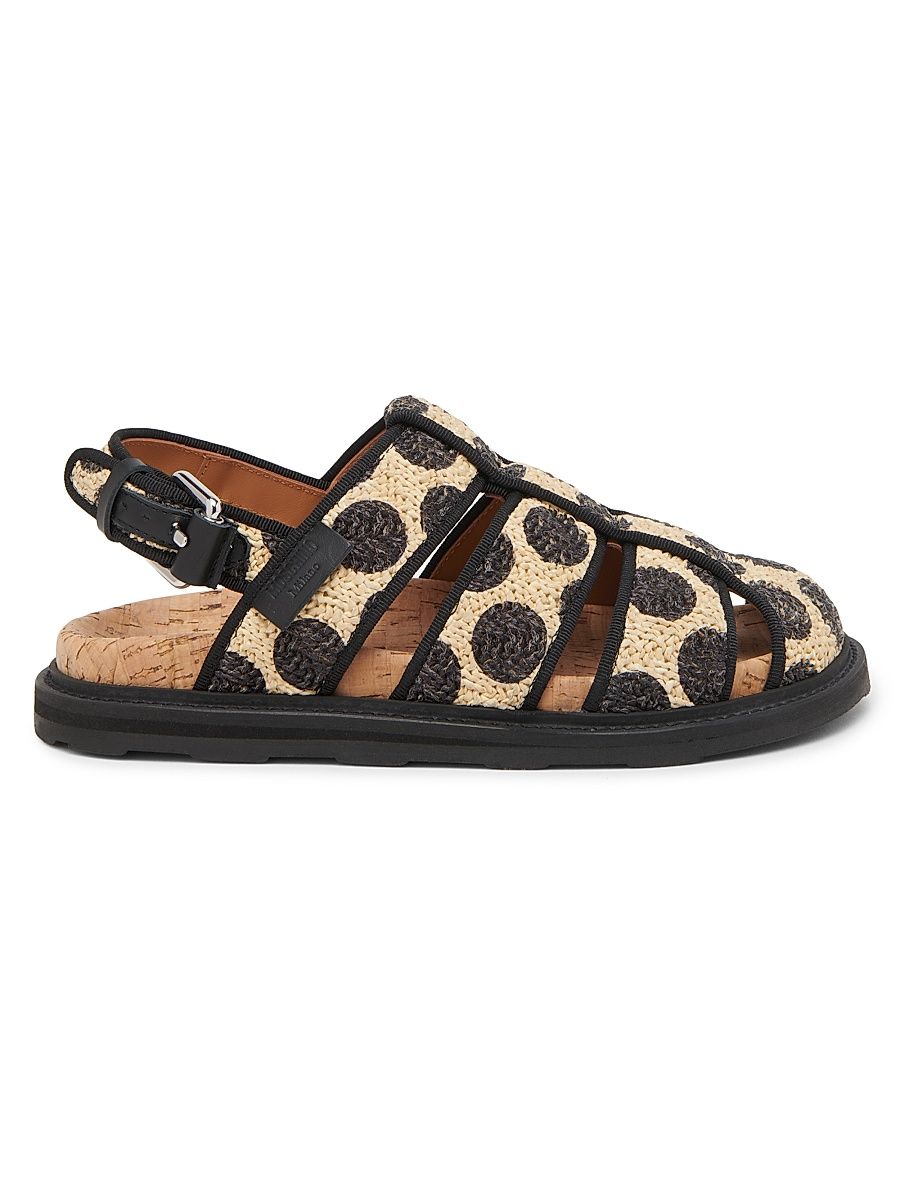 Women's Polka Dot Woven Raffia Sandals - Natural Black - Size 11