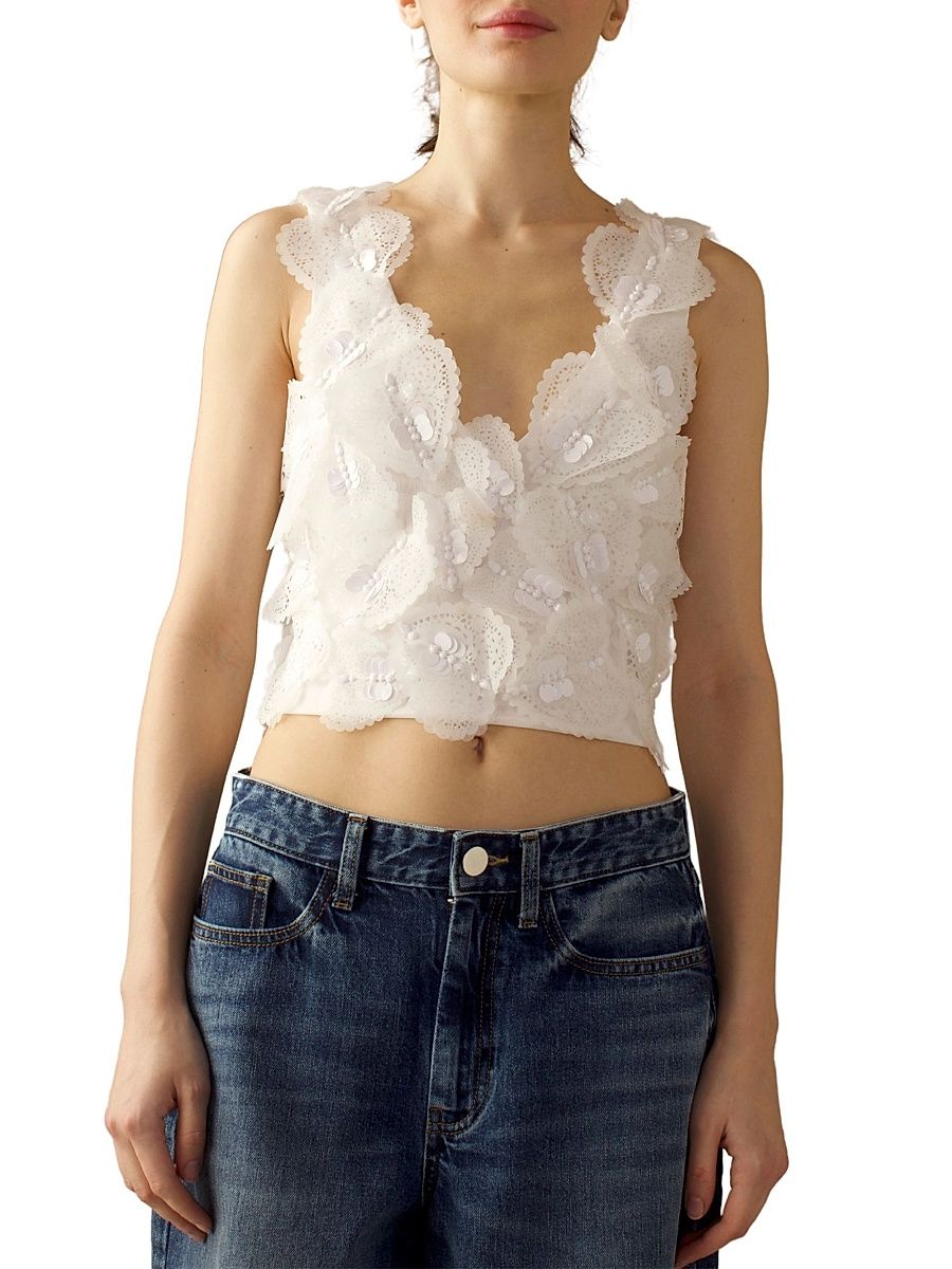 Women's Doily Organza Hearts Top - White - Size Small