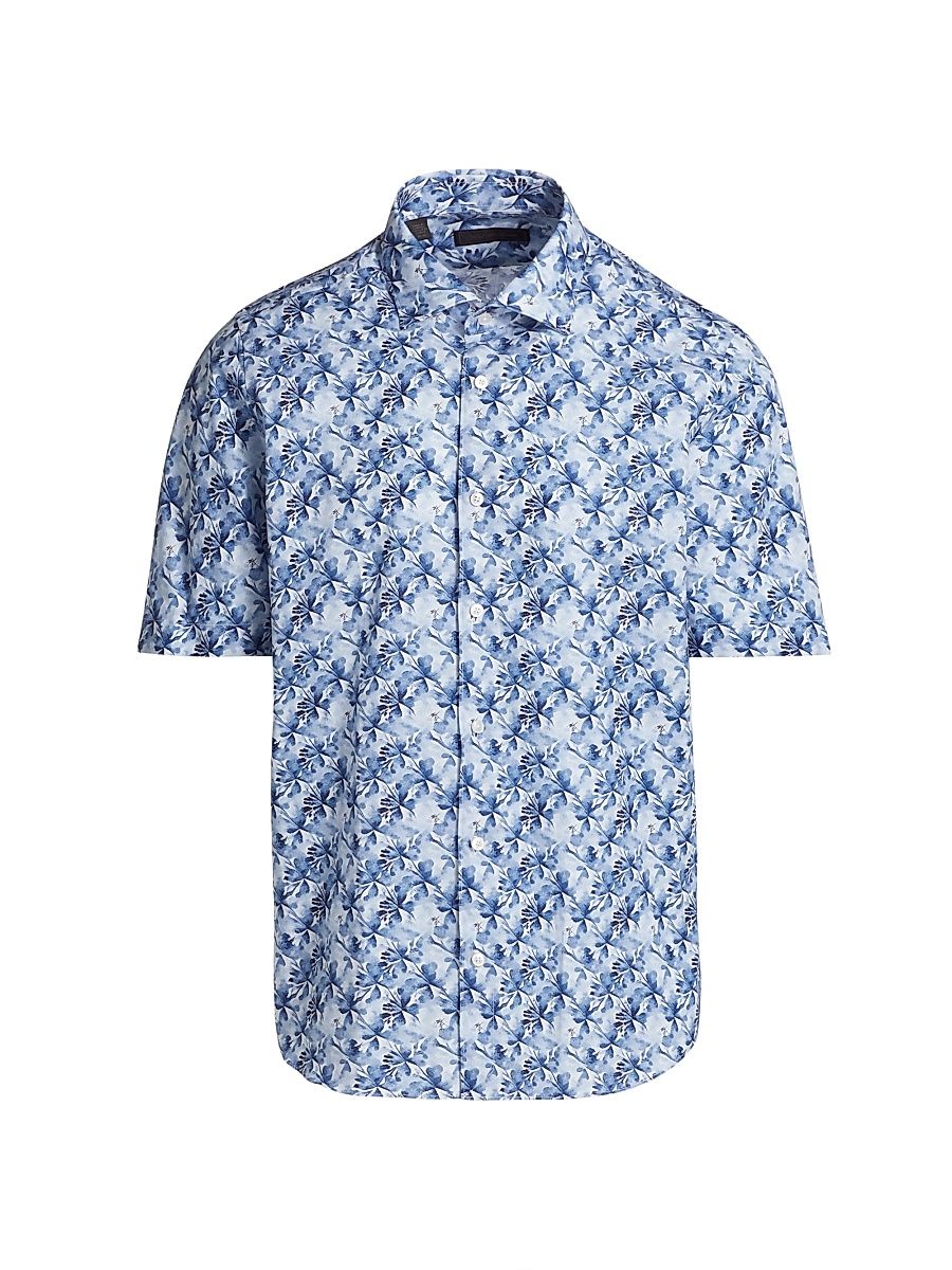 Men's COLLECTION Watercolor Floral Cotton Short-Sleeve Shirt - Navy - Size XL