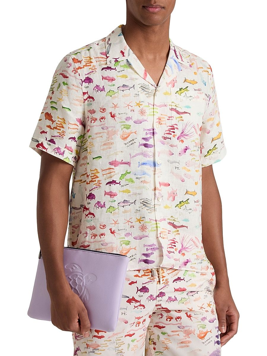 Men's Vilebrequin X Fabrice Hyber Pescador Linen Bowling Shirt - Paper - Size Small