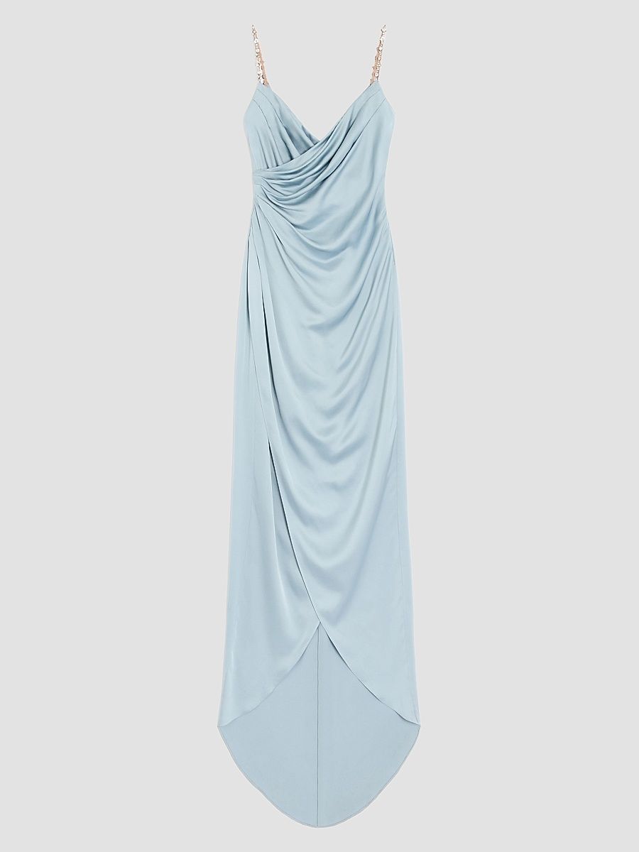 Women's Long Dress in Embroidered Cady Satin - Azure Silver - Size 6