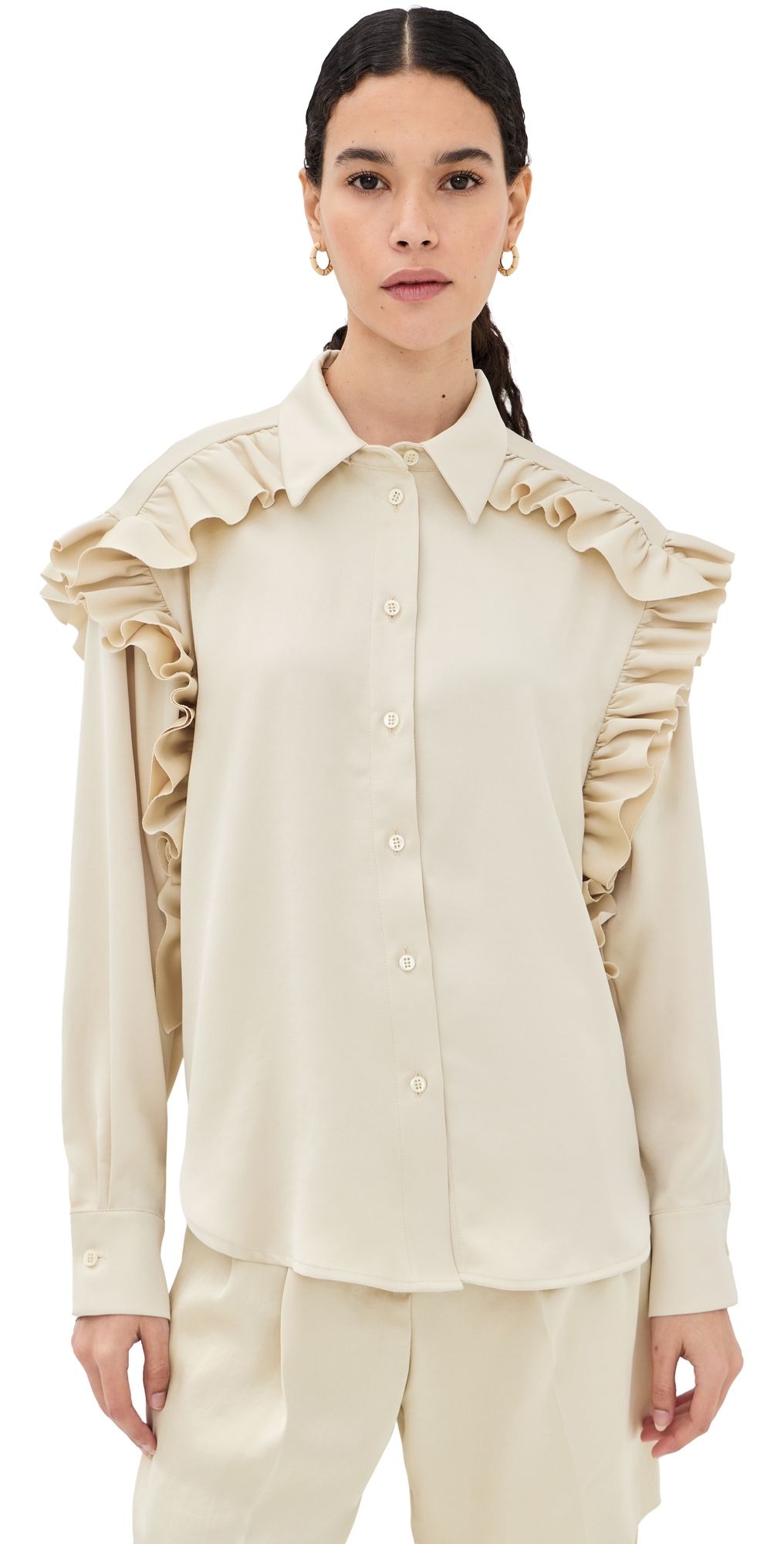 FRENKEN Satin Ruffled Button Down Shirt Butter 36