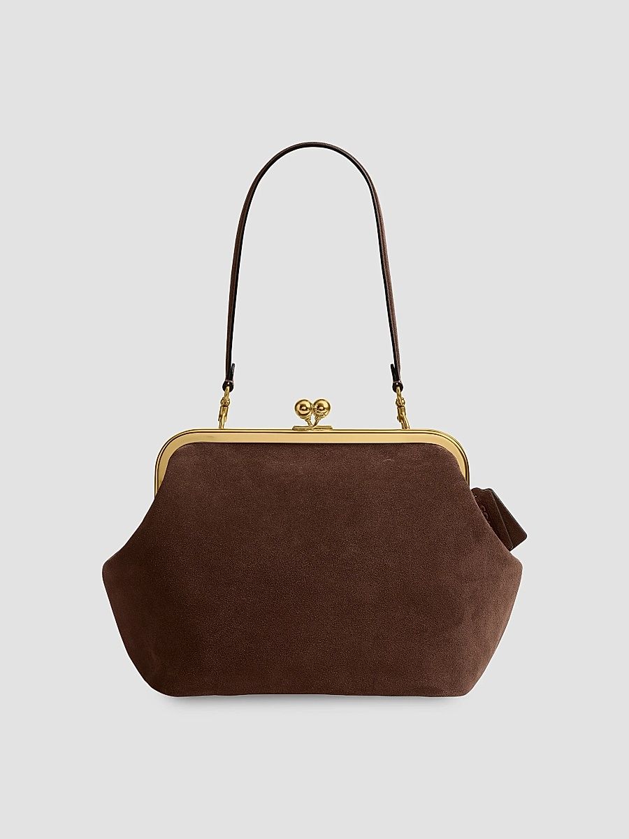 Women's Suede & Leather Kisslock Frame 27 Shoulder Bag - Dark Chocolate