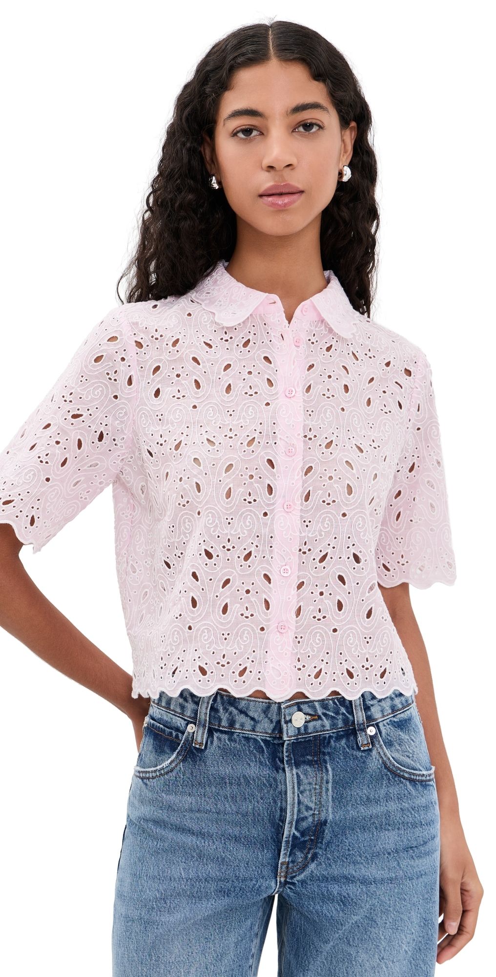 FRAME The Paisley Eyelet Top Bubble Gum L