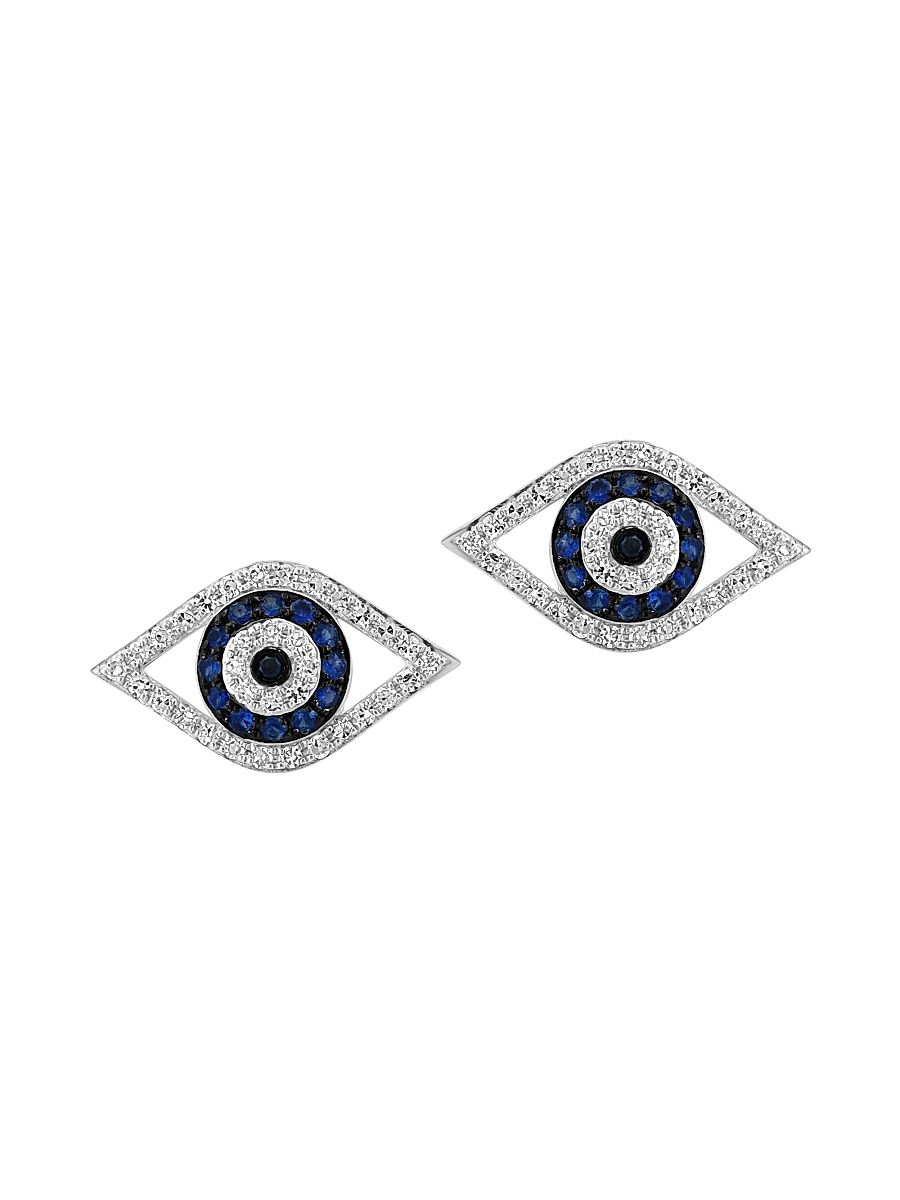 Women's 14K White Gold, Blue Sapphire & 0.21 TCW Diamond Evil Eye Stud Earrings - White Gold