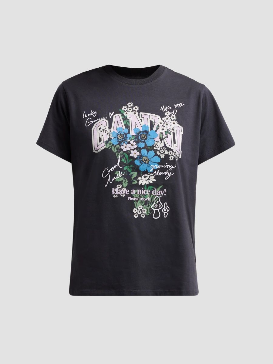 Ganni Women's Flower Print Relaxed Crewneck T-Shirt - Phantom - Size XXS