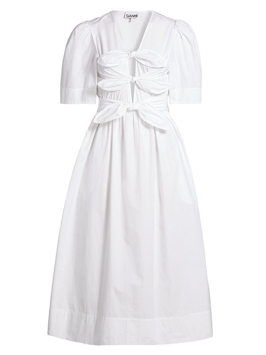 Women's Tie-Front Cotton Midi-Dress - Bright White - Size 10
